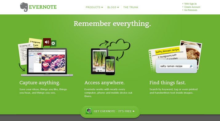 Antiga home do site Evernote onde o botão está escondido pelo plano de fundo.